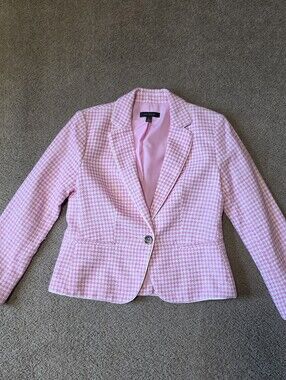 Ann Taylor Barbie Pink Houndstooth Cotton Hemp Blend Blazer